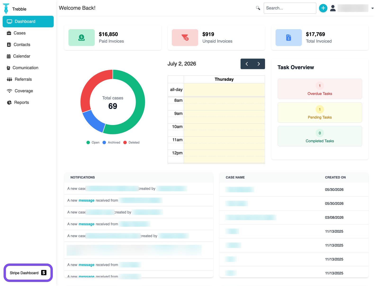 The Stripe link in the dashboard sidebar.