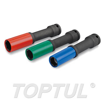 1/2" DR 6PT Flank Extra Long Thin Wall Deep Impact Sockets with Plastic Sleeves