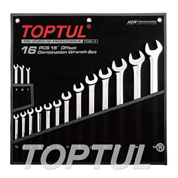 15° Offset Long Combination Wrench Set - POUCH BAG - BLACK (Mirror Polished)