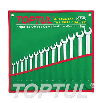 15° Offset Long Combination Wrench Set - POUCH BAG - GREEN (Satin Chrome Finished)