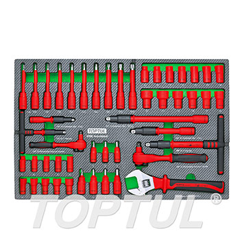 Toptul GED4863, a 48-piece quarter- and three-eighths-inch drive VDE insulated socket and adjustable wrench set
