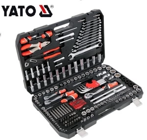 The YATO YT-38941 224-piece socket and hand tool set laid out in its blow-moulded case