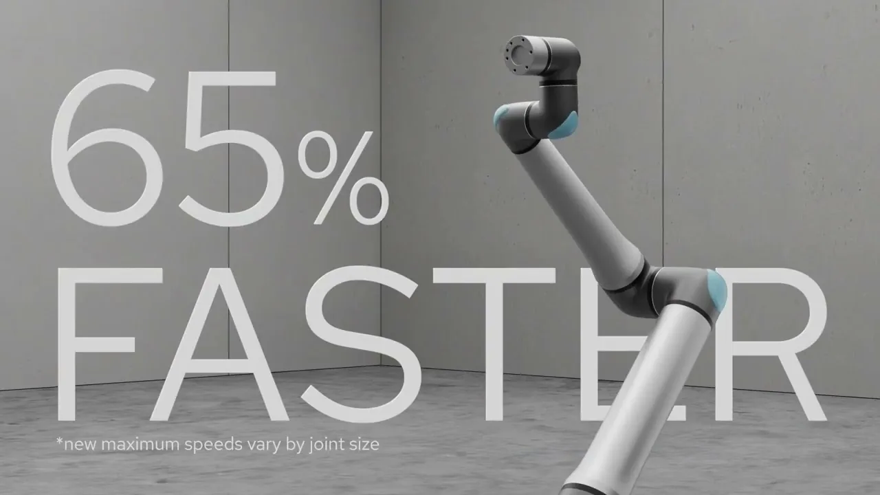 The UR20, Universal Robots' previous heavy-payload cobot, on an integrator's demonstration stand