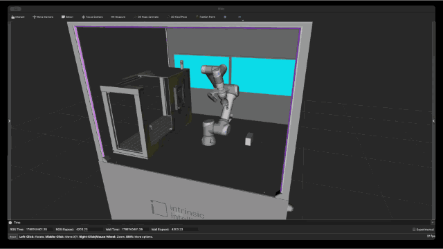 Animated view of the OMTS machine tending cycle running in the RViz visualiser