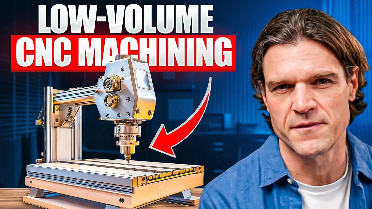 Title card for a sourcing guide on low-volume CNC machining, showing machined parts and the words MOQ, lead time and cost