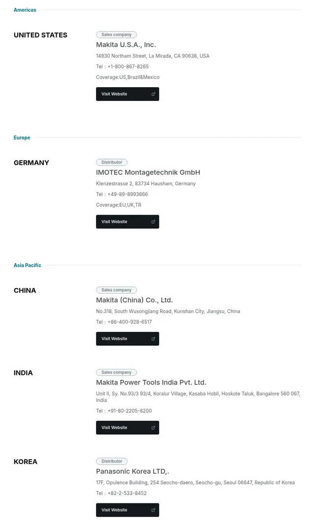 Makita Industrial Tools support page listing five entries: Makita U.S.A., IMOTEC Montagetechnik in Germany, Makita China, Makita Power Tools India and Panasonic Korea