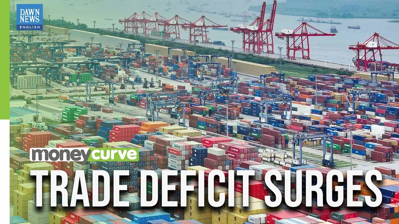 Aerial view of a container terminal with red gantry cranes, captioned Trade Deficit Surges