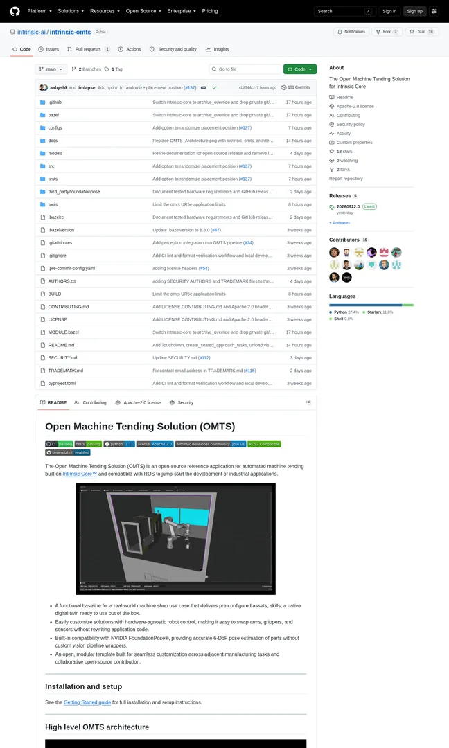 The intrinsic-omts repository page on GitHub showing the Apache-2.0 licence and release 20260922.0