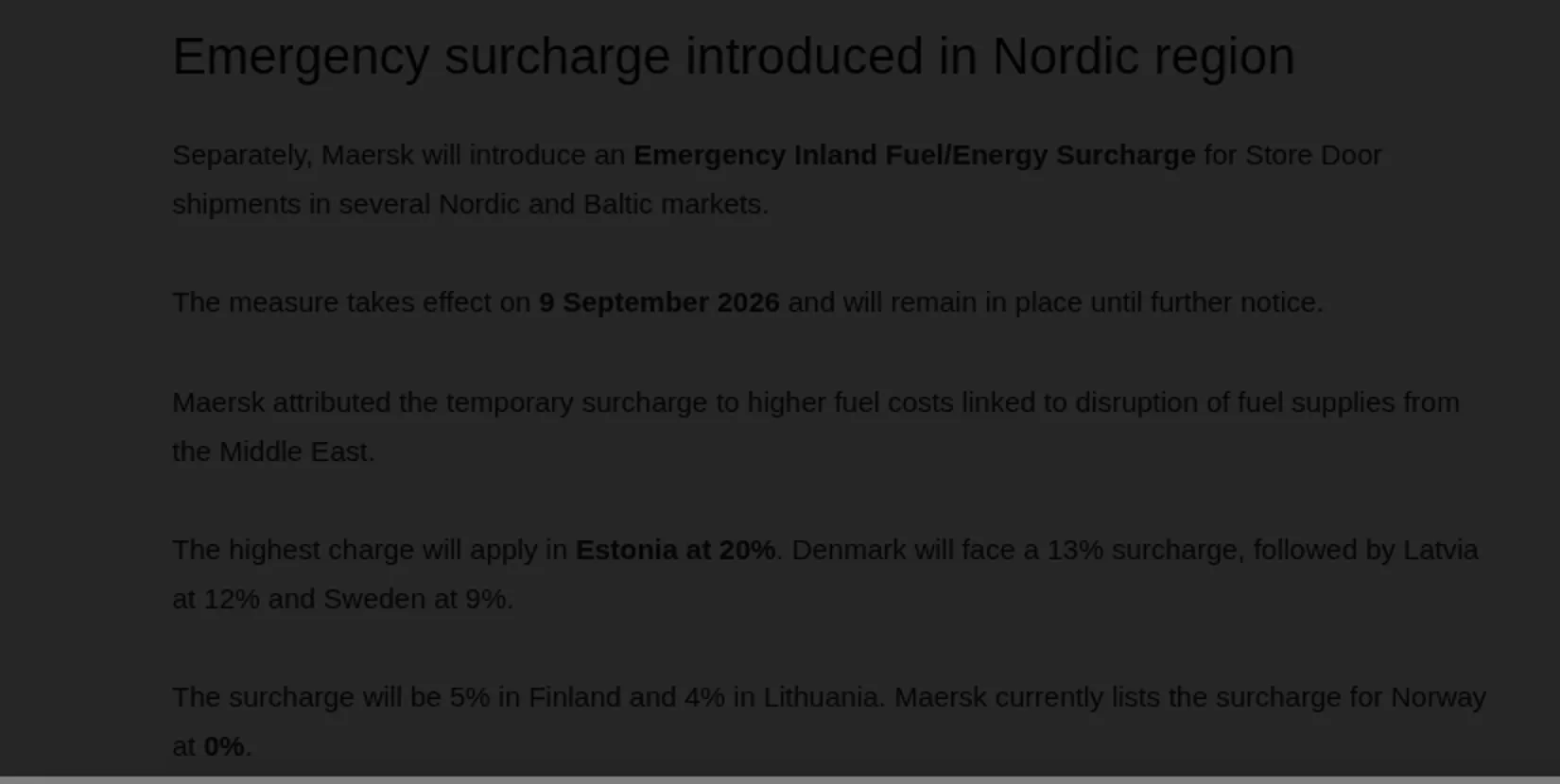 Container News report listing Maersk's Emergency Inland Fuel and Energy Surcharge from 9 September 2026 at 20 per cent in Estonia, 13 in Denmark, 12 in Latvia and 9 in Sweden