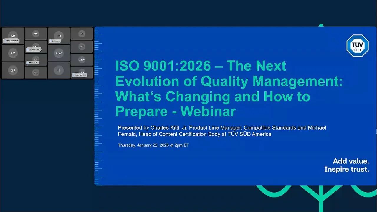 Title slide of a TÜV SÜD webinar on ISO 9001:2026