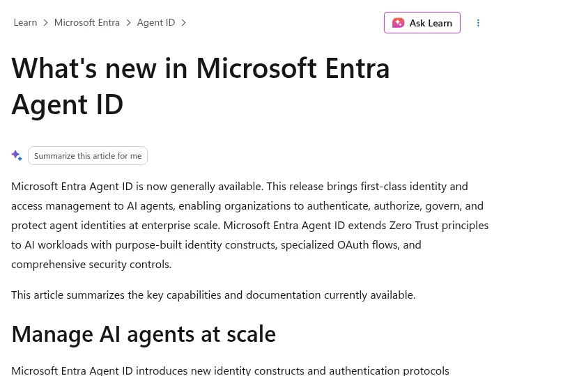 Microsoft Learn page headed What's new in Microsoft Entra Agent ID, stating that Entra Agent ID is now generally available