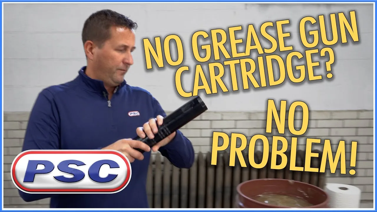 A presenter loading a grease gun from an open pail, with the caption No grease gun cartridge? No problem!