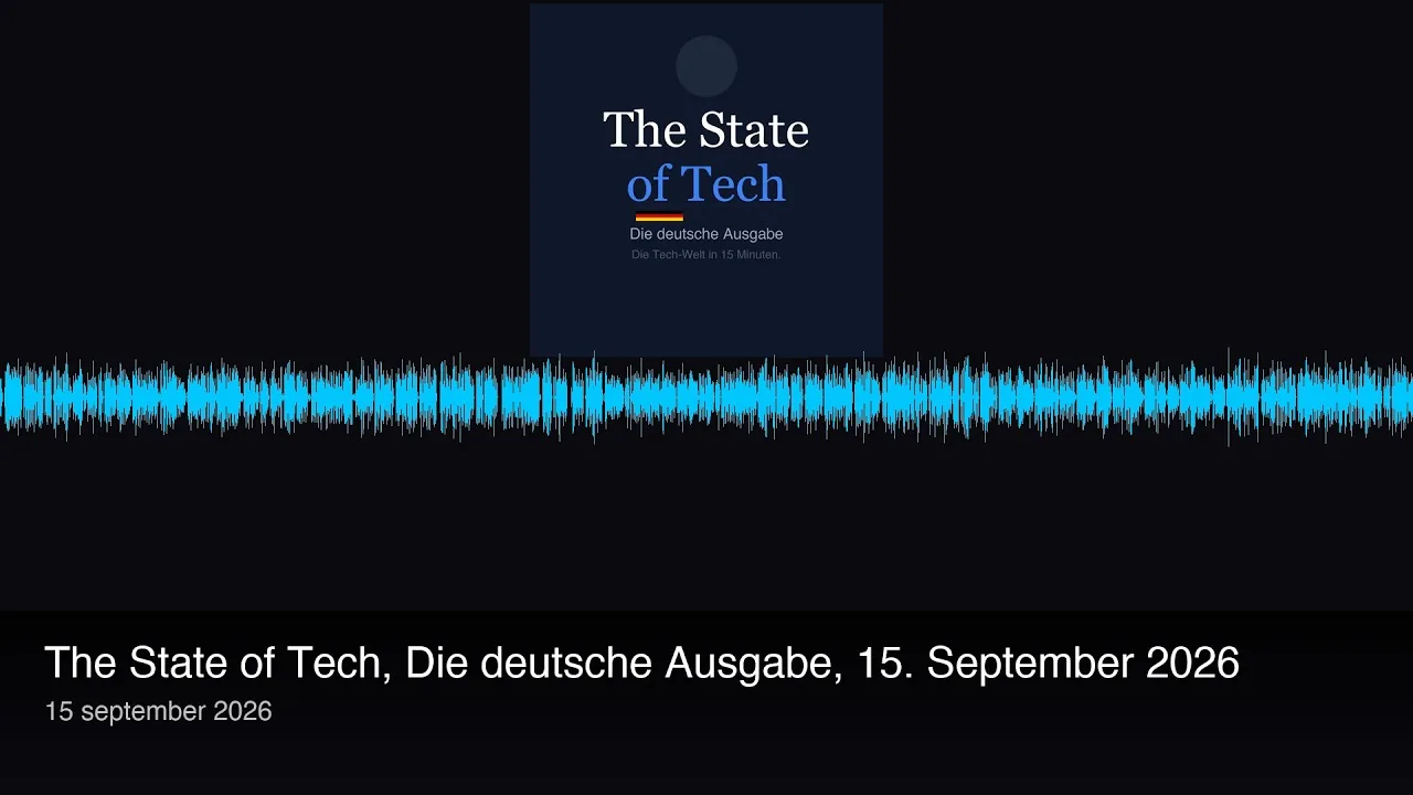 German-language tech podcast frame covering UR Gen 7 and a ten-minute robot factory cycle