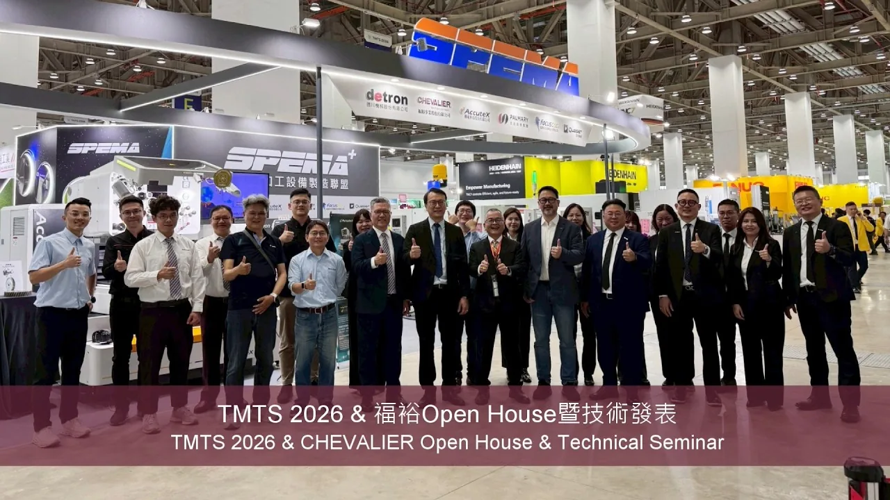 Group photograph of Chevalier staff and visitors on the Falcon Machine Tools stand at TMTS 2026