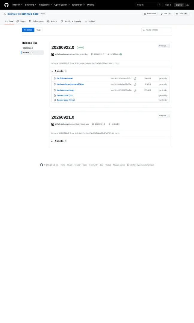 The releases page for intrinsic-ai/intrinsic-core showing tags 20260922.0 and 20260921.0