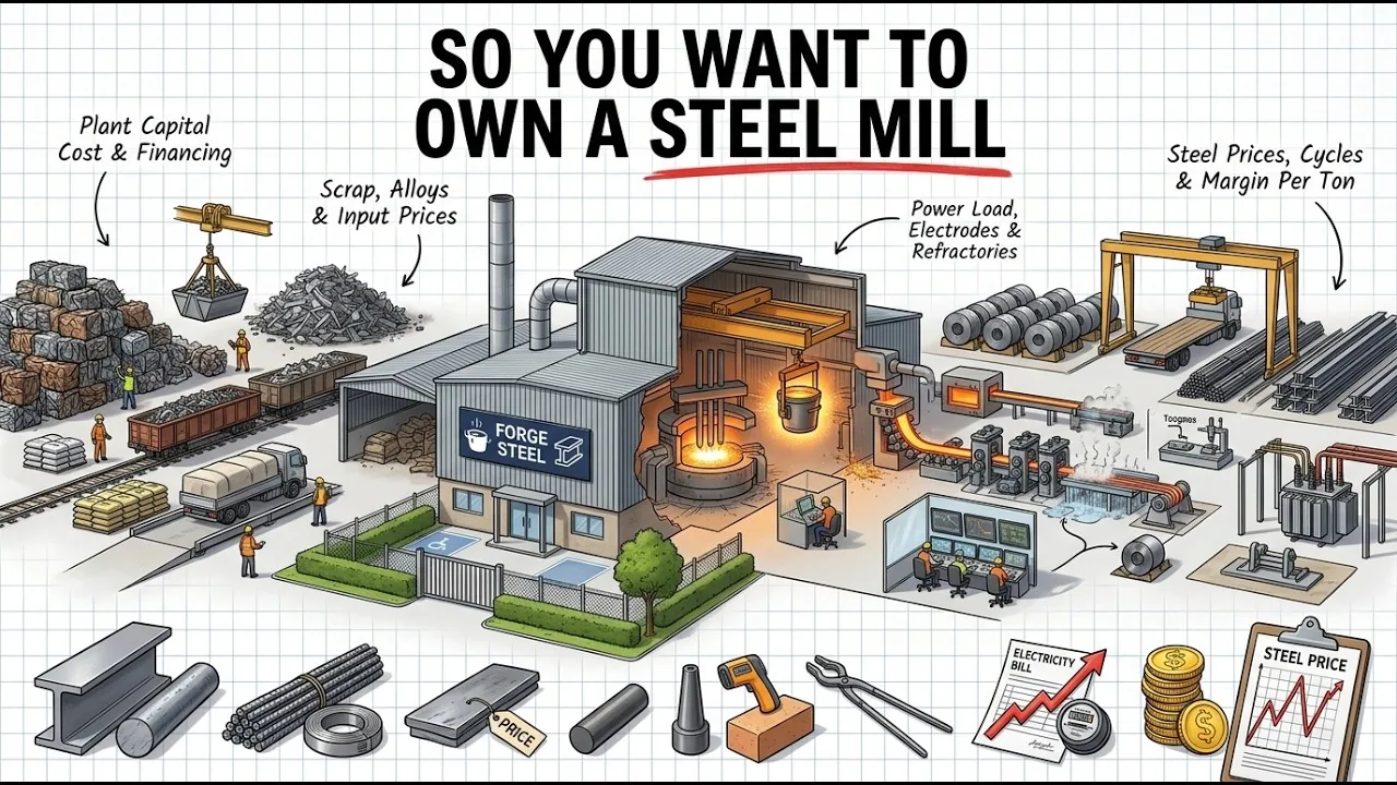 Thumbnail for a video essay on steel mill economics, showing a steel production setting