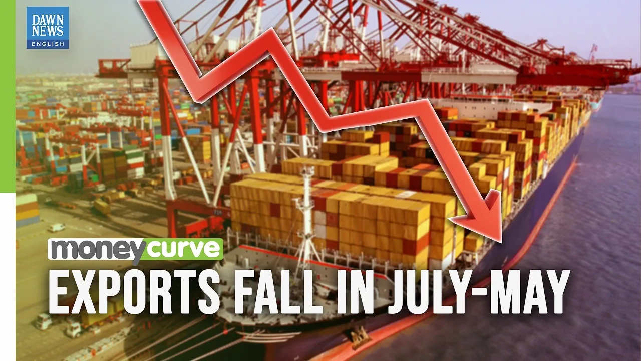 Dawn News English title frame on Pakistan's export decline in July to May
