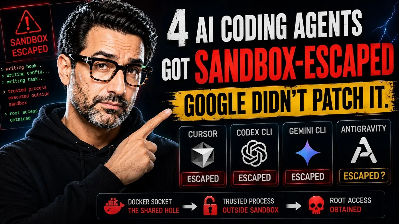 Video title card listing Cursor, Codex CLI, Gemini CLI and Antigravity as sandbox-escaped, with a presenter pointing at it