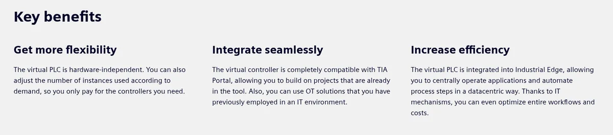 Siemens product page section headed Key benefits, with the line 'you only pay for the controllers you need'