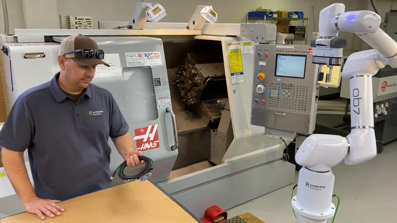 Thumbnail for a Productive Robotics overview of connecting an OB7 cobot to a CNC machine