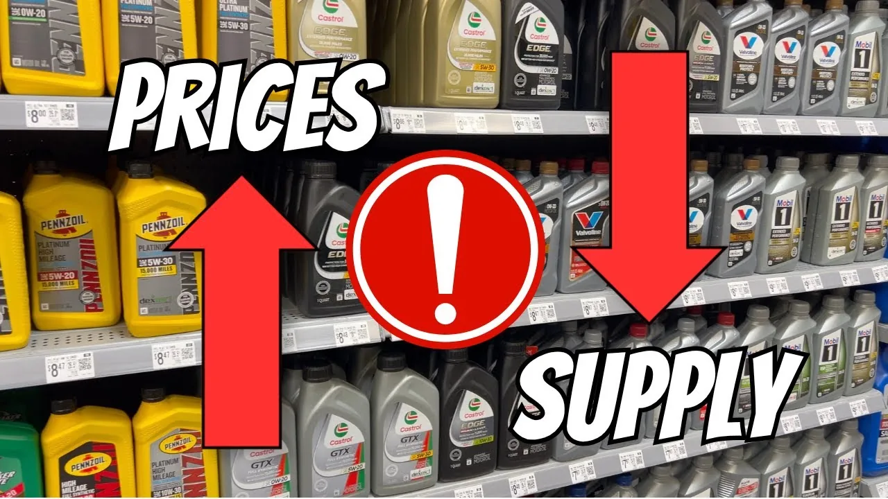 A retail shelf of Pennzoil, Castrol and Valvoline motor oil bottles with a red arrow up labelled Prices and a red arrow down labelled Supply