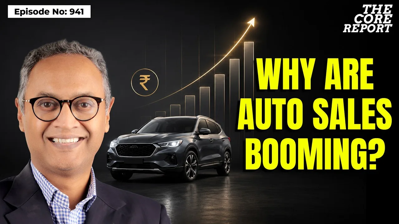 Title card for a business news broadcast episode on India's record auto sales
