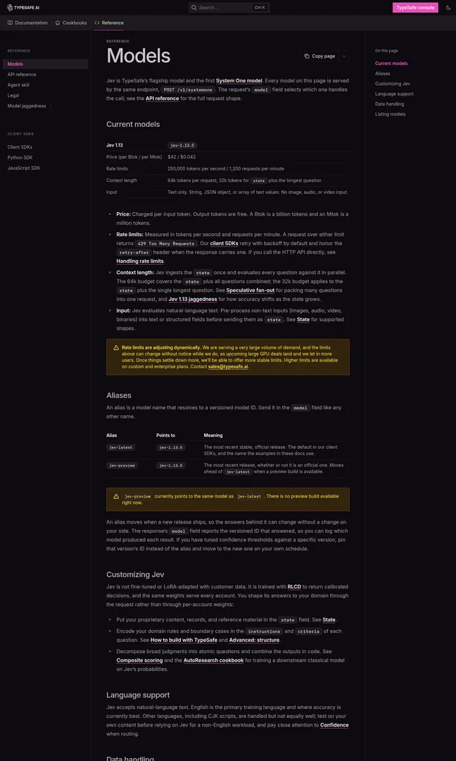 TypeSafe AI's model page showing Jev's price of $42 per billion input tokens and free output