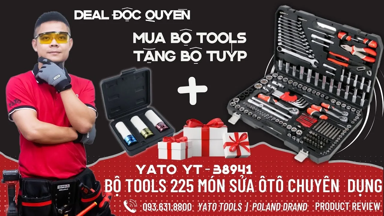 Promotional frame for the YATO YT-38941 set from the brand's Vietnamese distributor, showing the open case and a mechanic in YATO workwear