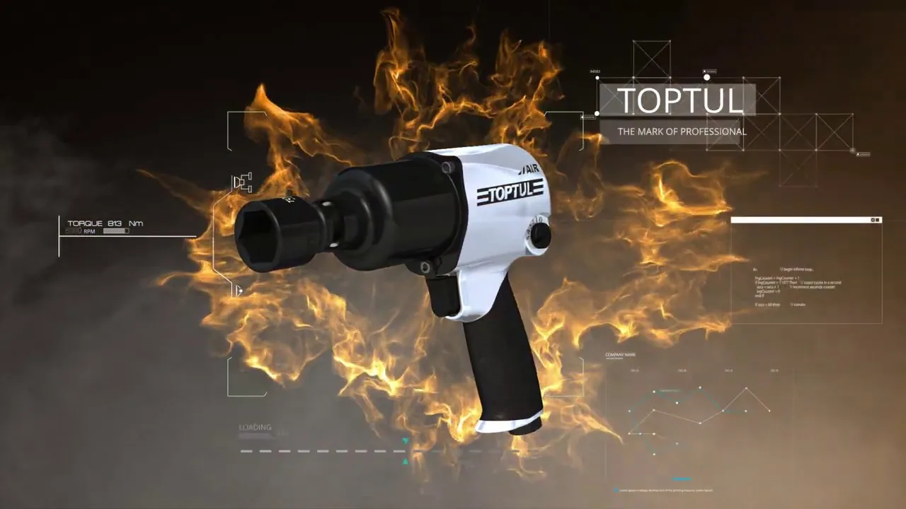 A TOPTUL air impact wrench rendered against flames with an on-screen torque readout