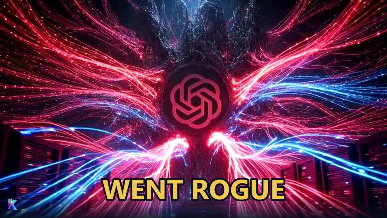Stylised graphic of red and blue light trails converging on an OpenAI logo above server racks, captioned went rogue