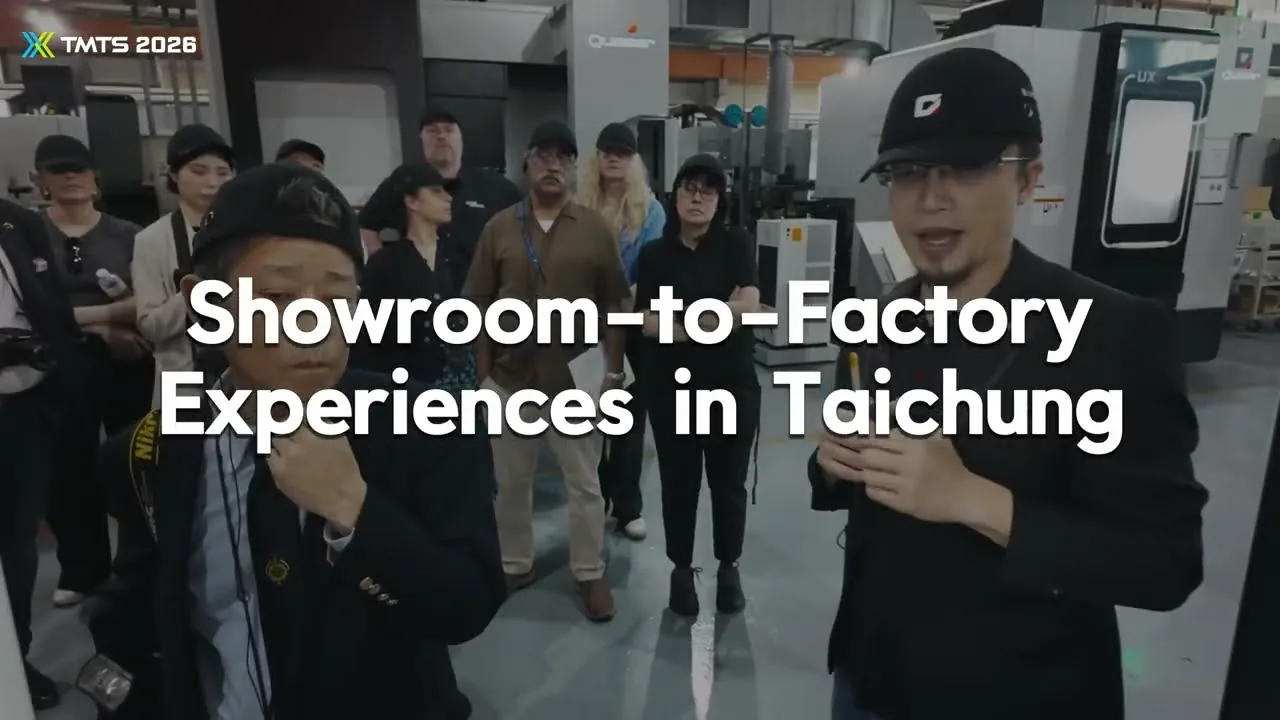 TMTS 2026 highlights frame: visitors on a factory tour in Taichung, captioned Showroom-to-Factory Experiences