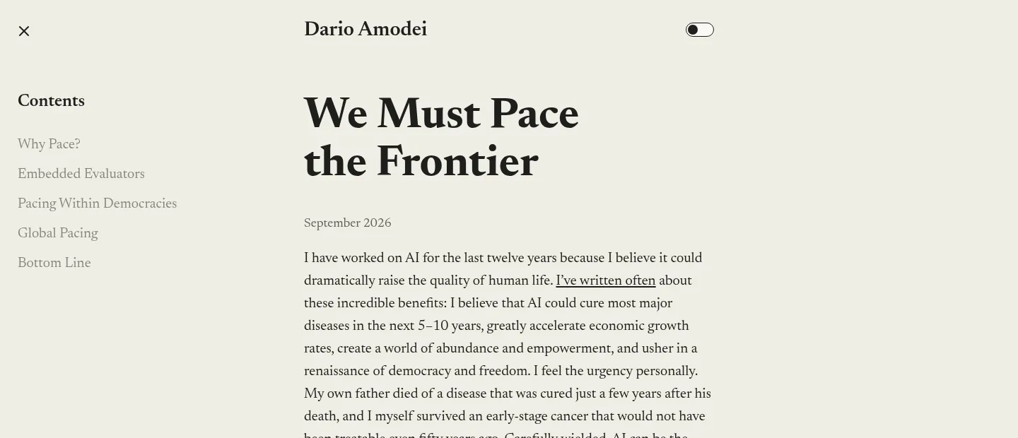 Opening of Dario Amodei's essay We Must Pace the Frontier, dated September 2026, with a contents list including Embedded Evaluators