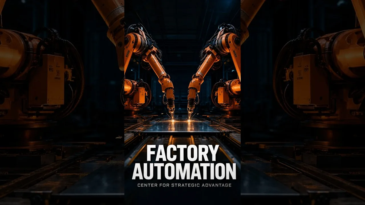 Title frame from a documentary short on automated factories and American defence production