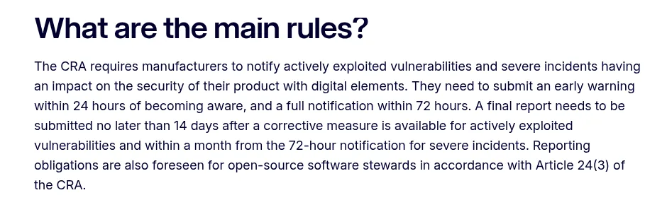 European Commission page section headed What are the main rules, setting out the 24-hour early warning, 72-hour notification and 14-day final report under the Cyber Resilience Act