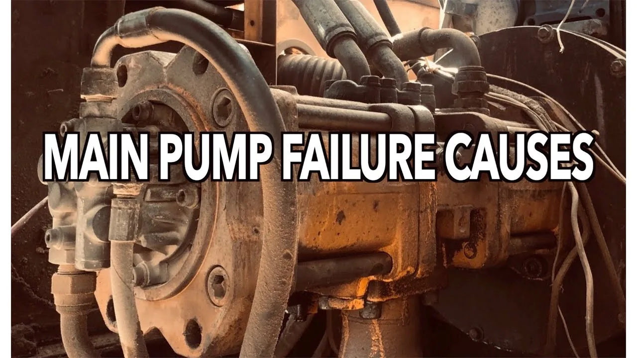 A worn hydraulic piston pump on a machine with hoses attached, captioned Main Pump Failure Causes