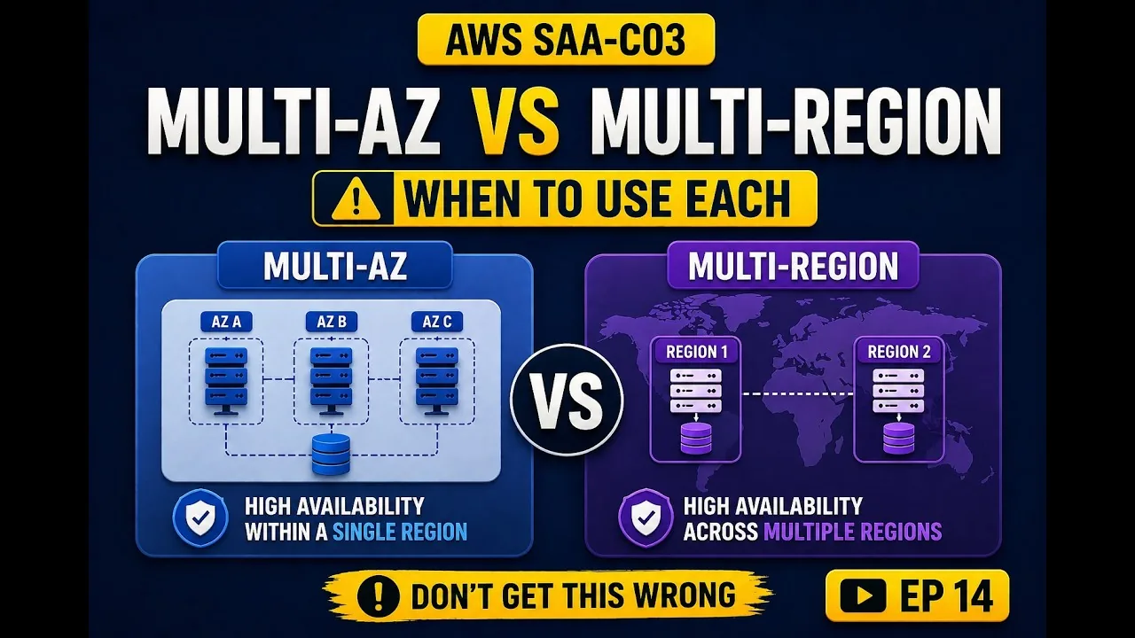 Lesson title frame on multi-AZ versus multi-region disaster recovery for the AWS SAA-C03 exam