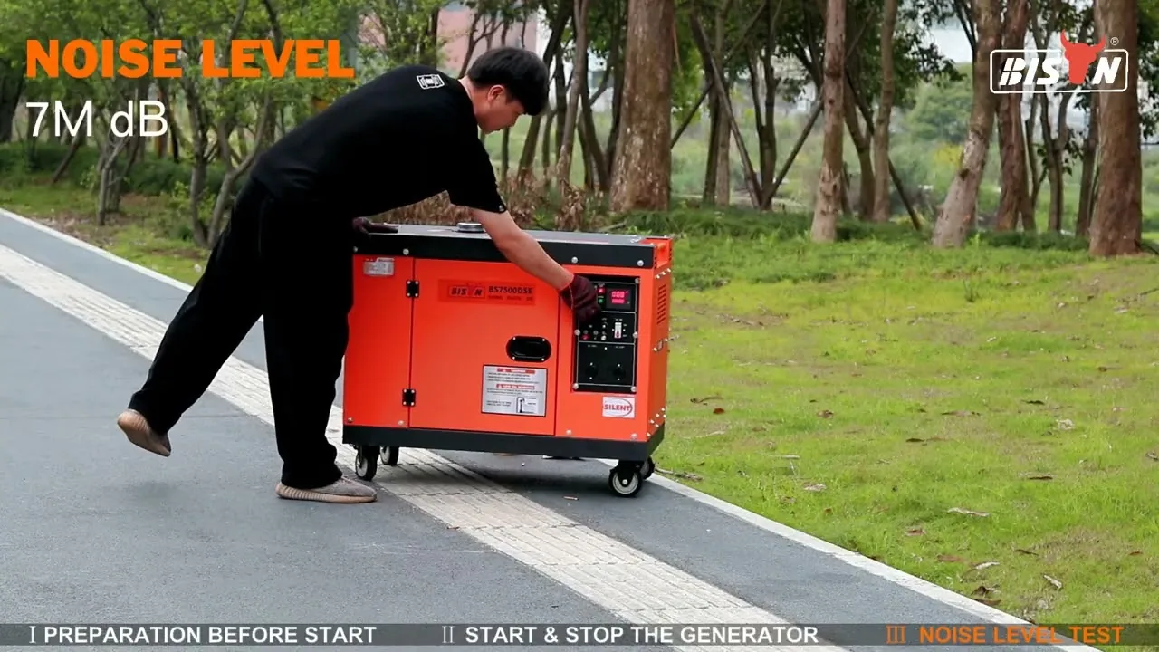 A man in black leans over an orange silent diesel generator on a roadside path during a noise-level test captioned 7M dB