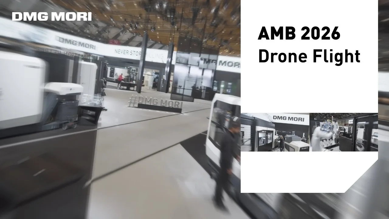 Blurred drone shot through the DMG MORI stand in hall 10 at AMB 2026